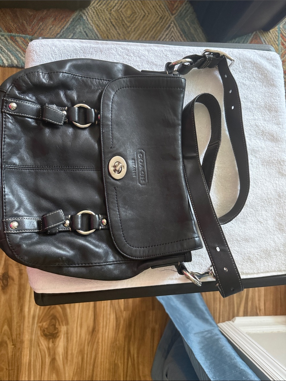 Coach Black Leather Flap Crossbody Bag with Silver Hardware